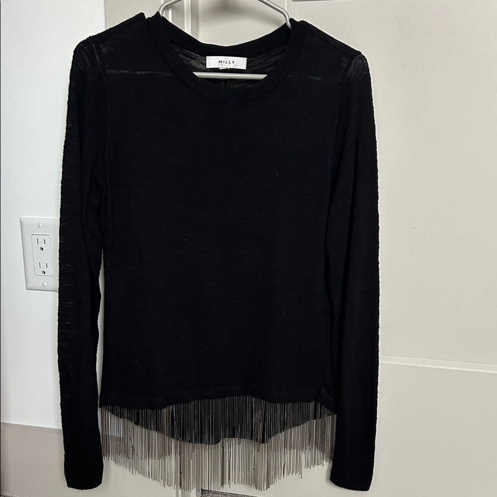 MILLY Black Long Sleeve Fringe Hem Top